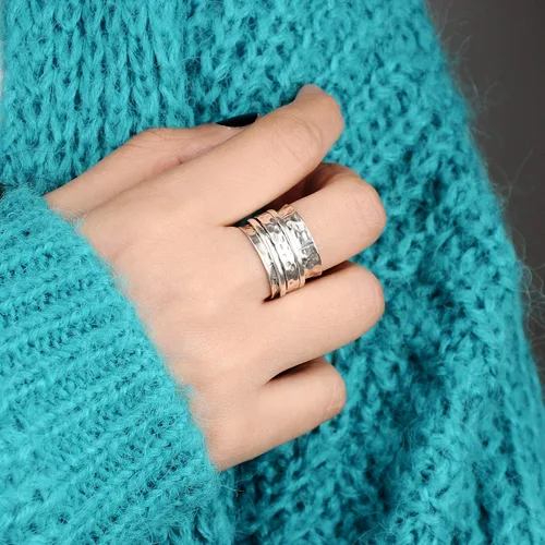Vista 3 de Boho-Magic Anillo giratorio de plata de ley 925 para mujer, martillado ancho anillo para ansiedad, Metal