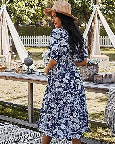Vista 3 de Vestido casual de manga corta con cuello en V y estampado floral para mujer, con cintura y dobladillo plisado suelto con dobladillo de hoja de loto