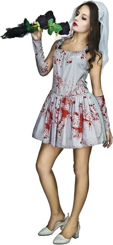 Vista 2 de flatwhite Disfraz de Halloween de novia y novia de zombi sangrienta para mujer, gris, rojo