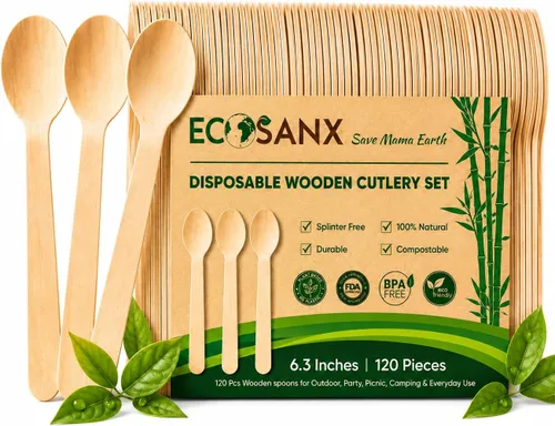 Vista 14 de ECOSANX® 120 piezas de tenedores de madera para comer de 16.5 cm libres de astillas, compostables, juego de cubiertos de madera ecológico