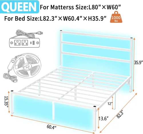 Vista 2 de CLIBFENG - Base de cama tamaño Queen con cabecera, listones de acero resistentes - Base de cama LED con estación de carga USB, base de colchón