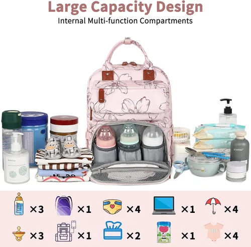 Vista 2 de Mochila para pañales, mochila grande para pañales con cambiador portátil, bolsas de pañales para niñas, mochila de viaje floral multifunción