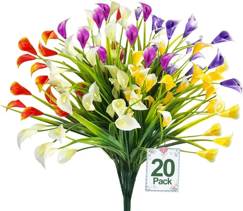 Vista 19 de TURNMEON 12 paquetes de flores artificiales de lirio de cala (240 cabezas), plantas falsas para exteriores, plantas falsas resistentes a los rayos