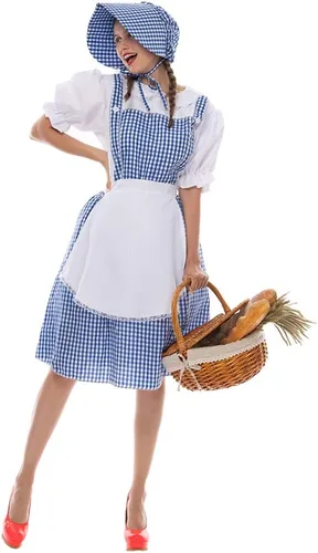 Vista 5 de FantastCostumes Disfraz clásico de Dorothy para mujer, disfraz de Halloween para cosplay, cuento de hadas de Kansas Girl, vestido a cuadros azul