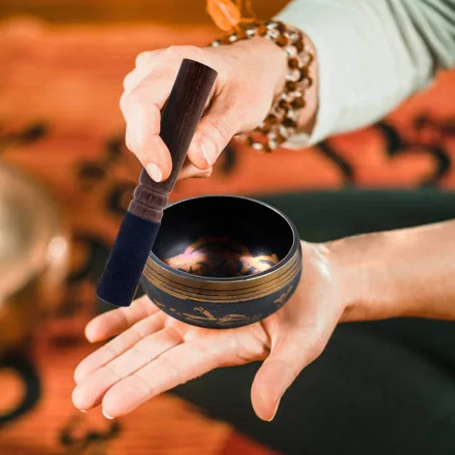 Vista 6 de DomeStar Juego de cuencos tibetanos cantores, auténtico juego de meditación hecho a mano para alivio del estrés, yoga con mazo y cojín para terapia