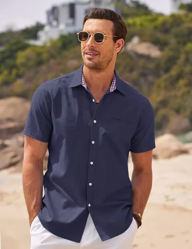 Vista 3 de COOFANDY Camisa de vestir Oxford de manga corta para hombre, camisa de trabajo con botones de cambray, camisas casuales con cuello a cuadros