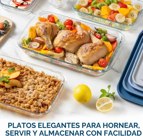 Vista 2 de COOK WITH COLOR - Juego de 8 piezas de refractarios profundos de vidrio con tapas de plástico, para hornear y almacenar alimentos, aptos para Azul