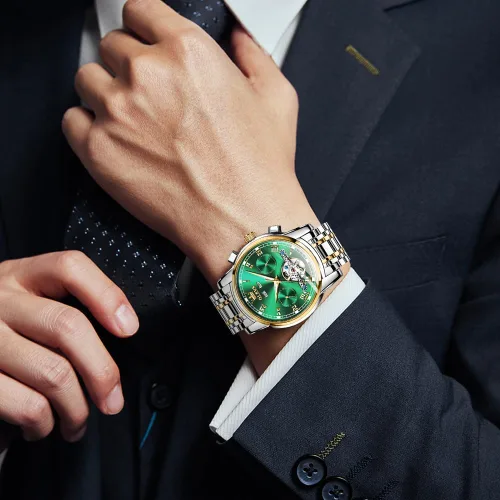 Vista 4 de OLEVS Relojes de cuerda automática para hombre, reloj mecánico automático Tourbillon de acero inoxidable con doble calendario, impermeable, luminoso