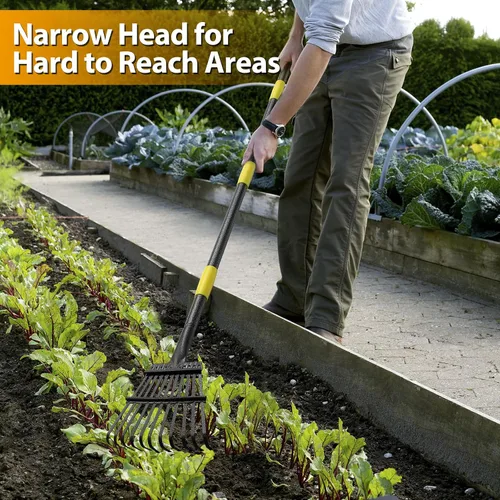 Vista 3 de Rastrillo de hojas de jardín para césped resistente, rastrillo de metal para patio con cabezal pequeño y estrecho de 9 pulgadas, mango largo