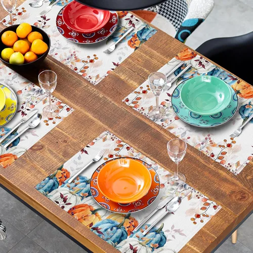 Vista 7 de Juego de 4 manteles individuales de otoño para mesa de comedor, hojas de calabazas de otoño, cosecha de Acción de Gracias, tela lavable