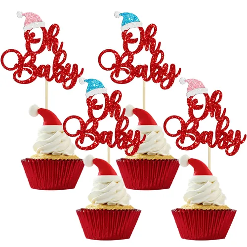 Vista 37 de Gyufise 24 piezas Adornos de pastel para revelación de género de Navidad con purpurina, sombrero navideño de Navidad, adorno de pastel de él o ella