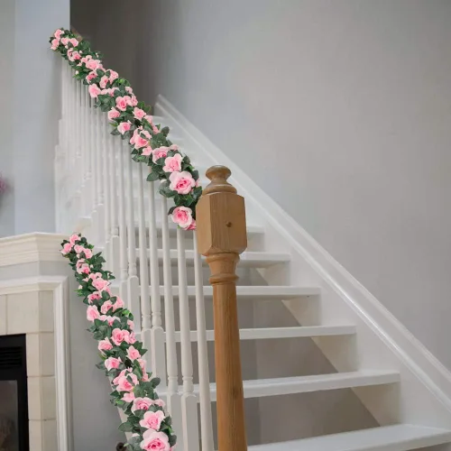 Vista 7 de LESING Guirnalda de rosas artificiales, 4 unidades (28.8 pies), guirnalda de flores de seda falsa con plantas verdes, guirnaldas de flores colgantes