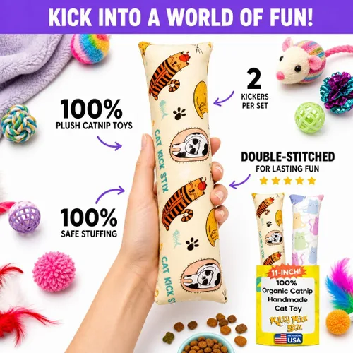 Vista 5 de Kitty Kick Stix Juego de 2 (11 pulgadas) – Juguete duradero para gatos – Pateador de hierba gatera para gatos y gatitos – Juguetes interactivos