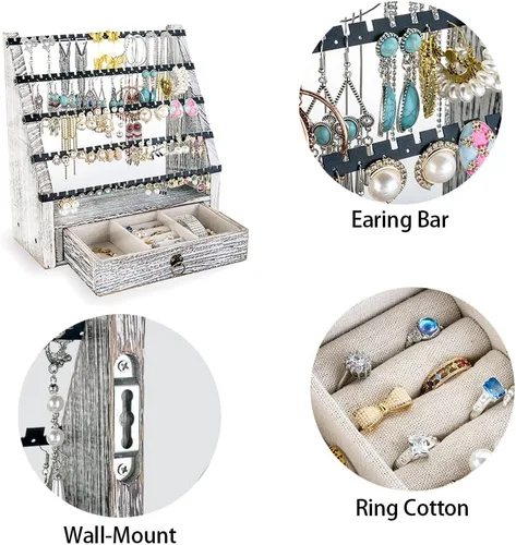 Vista 2 de Soporte organizador de aretes de tuerca de 5 niveles con caja de joyería de madera 175 agujeros colgantes bandejas organizadoras de joyería