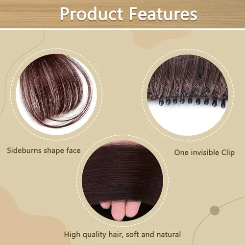 Vista 4 de 2 piezas de flequillo con clip de cabello humano real, flequillo falso con clip para el cabello para mujeres, flequillo tenue curvado con postizos