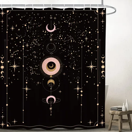 Vista 6 de Cortina de ducha gótica del zodiaco con fases lunares, constelación, astrología, galaxia, misteriosa, tarot, bruja, estética, 60 pulgadas de ancho