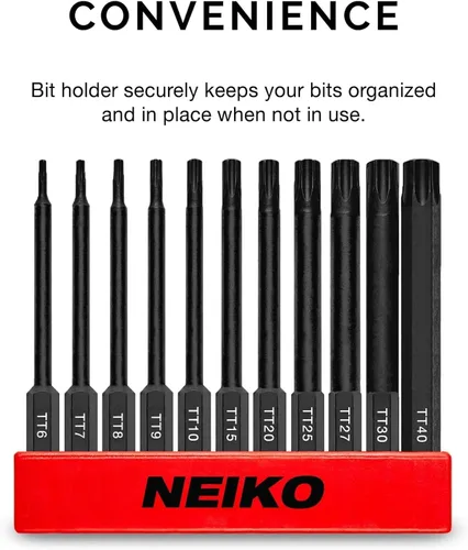 Vista 3 de NEIKO 01149A - Juego de brocas de cabeza Torx, 11 piezas tamaños TT6 a TT40 Brocas Torx magnéticas a prueba de manipulación 3 vástagos