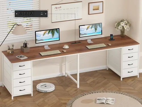 Vista 24 de YOMILUVE Escritorio para computadora de 50 pulgadas con 8 cajones, escritorio para oficina en casa con tomas de corriente, escritorio de trabajo