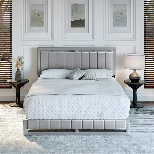 Vista 6 de Boyd Sleep Beaumont - Cama de plataforma tapizada con cabecero, base de colchón con 14 soportes de listones de madera, no requiere somier, piel Gris