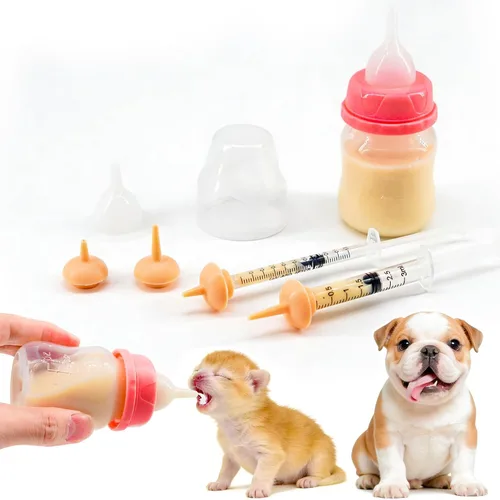 Vista 6 de Juego de biberón y jeringa para mascotas para cachorros y gatitos (1 botella, 2 jeringas, 6 pezones), azul