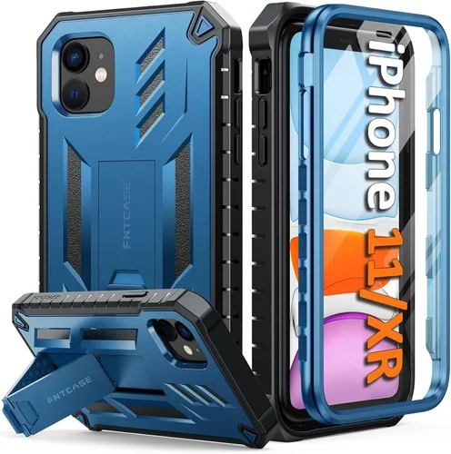 Vista 11 de FNTCASE Funda para iPhone 11: funda para iPhone XR [protector de pantalla y soporte integrados] [protección contra caídas de grado militar] Negro