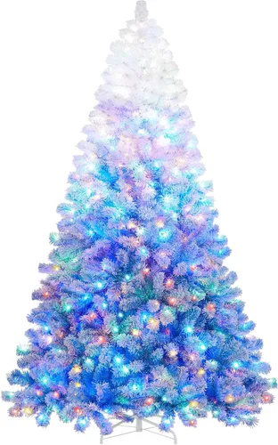 Vista 14 de Yaheetech Árbol de Navidad artificial de abeto preiluminado de 4.5 pies, flocado con nieve, con bisagras, con 100 luces LED multicolor y 340 puntas