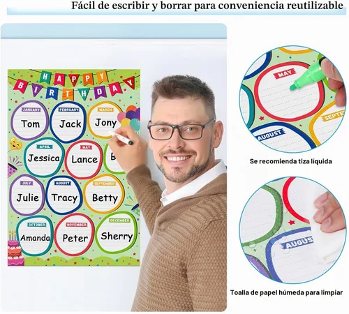 Vista 4 de WhatSign Tabla de cumpleaños para el aula, póster de feliz cumpleaños, calendario de cumpleaños para pared, reutilizable, tablón de anuncios