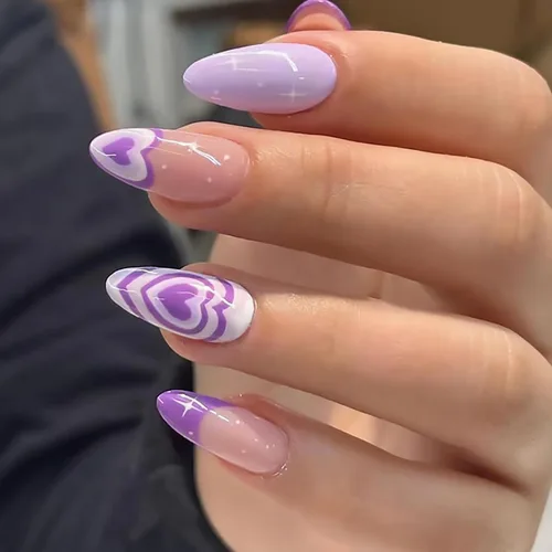 Vista 14 de Uñas postizas largas a presión de almendra, uñas postizas Aurora con punta francesa, 24 unidades, naturales, brillantes, cobertura completa