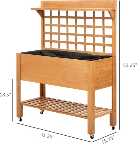 Vista 7 de Outsunny Cama de jardín elevada de 41 pulgadas con enrejado sobre ruedas, maceta elevada de madera con patas y forro de cama, para flores, hierbas