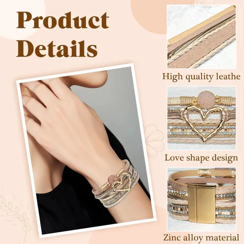 Vista 3 de 2 pulseras bohemias de cuero tejido multicapa con incrustaciones de diamantes de imitación en forma de corazón, apilables, joyería para mujer