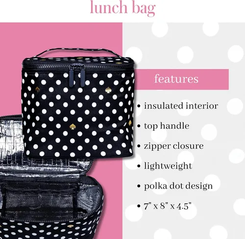 Vista 2 de Kate Spade New York Lonchera térmica suave aislada con doble cierre de cremallera y asa de transporte, lunares (negro/blanco)