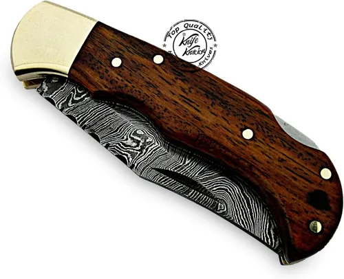 Vista 8 de Cuchillo de bolsillo de damasco hecho a mano de madera de rosa, plegable, cuchillo de caza, cuchillos plegables para hombres con mango de madera