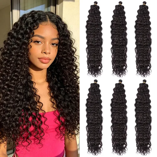 Vista 23 de Extensiones de cabello ondulado con ganchillo Ocean Wave de 18 pulgadas, 6 paquetes, extensiones de cabello de ganchillo sueltas de onda profunda #1B