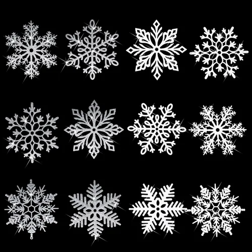 Vista 14 de Sratte Paquete de 12 adornos de copos de nieve grandes con purpurina de 12 pulgadas, decoración gigante de plástico para colgar en invierno