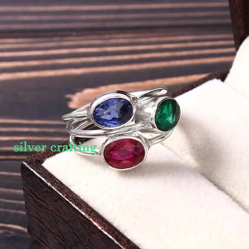 Vista 3 de Zafiro azul - Esmeralda - Anillo de plata con piedras preciosas de rubí Anillo de 3 piedras Joyería de plata creativa