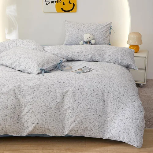 Vista 14 de HighBuy Juego de funda de edredón vintage con volantes y estampado de rayas francesas, 100% algodón con cierre de cremallera, juego de ropa de cama
