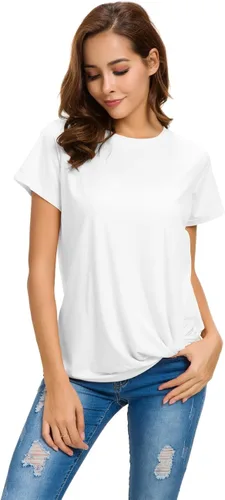 Vista 4 de Moqueen - Camiseta holgada para mujer de manga corta con nudo frontal, de algodón, informal