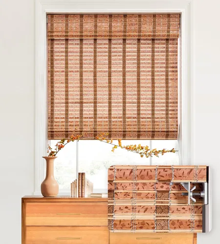 Vista 24 de LazBlinds - Cortinas romanas de bambú personalizadas sin cordón, tratamiento de ventana con filtro de luz, persianas enrollables de bambú retro