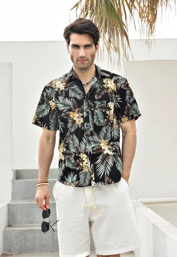 Vista 6 de Camisas hawaianas de manga corta para hombre, camisa Aloha casual con botones tropicales hawaianos florales de verano para fiesta en la playa