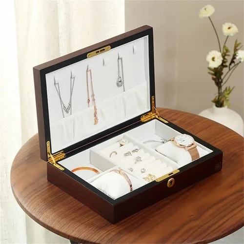 Vista 2 de TREXD - Joyero grande de madera multifunción organizador rectangular collar anillo pendiente reloj joyería caja de almacenamiento