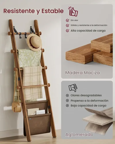 Vista 7 de VASAGLE - Escalera para manta, estante de escalera de madera de pino de 5 niveles con bolsa de piel sintética