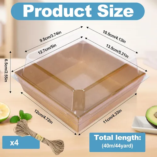 Vista 2 de Paquete de 50 cajas de papel para embutidos con tapas transparentes, recipientes cuadrados marrones de 4.3 pulgadas, cajas de postre de papel kraft
