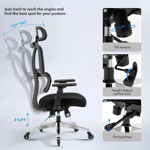 Vista 7 de Silla ergonómica de oficina con respaldo alto Ruedas de hoja rodante Silla de malla para ejecutivos, asistentes a la oficina, trabajo desde