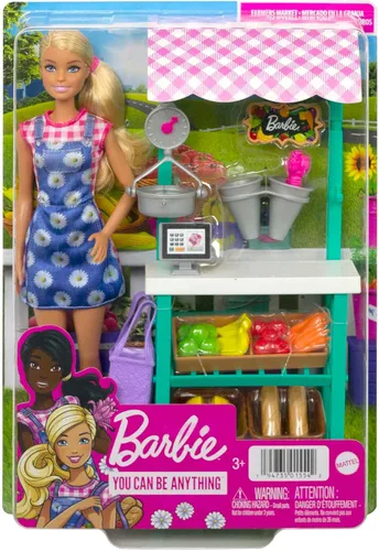 Vista 6 de Juego de Barbie Careers, set de mercado de granjeros con muñeca de moda rubia, muebles y accesorios