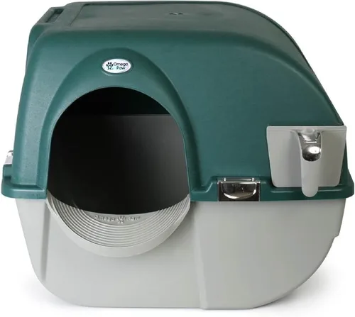 Vista 9 de Omega Paw VMRA20-1-PR Premium Roll 'N Clean - Caja de arena grande autolimpiante con escalón de arena integrado y parrilla de tamizado única, verde