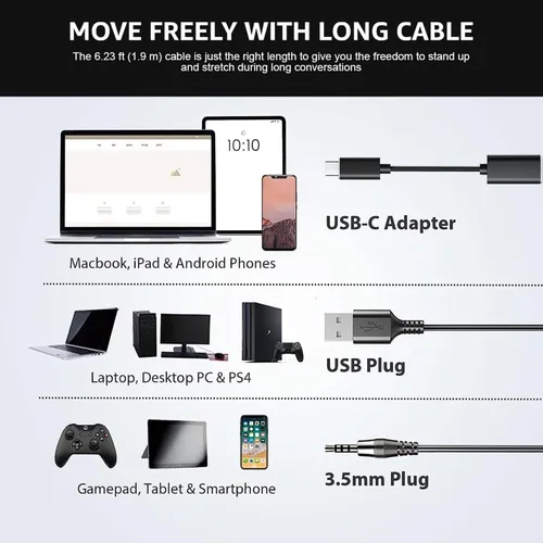Vista 7 de Auriculares con micrófono, auriculares USB con micrófono para PC, auriculares de computadora con micrófono de cancelación de ruido con función