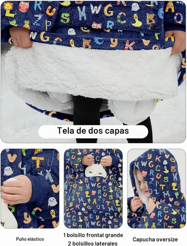 Vista 2 de Manta con Capucha Usable NOUKOW Manta Sherpa de Gran Tamaño Sudadera de Franela con Bolsillo Grande Alphabet
