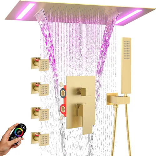 Vista 13 de ENGA Sistema de ducha dorado brillante con chorros corporales, 2 en 1 funciones de montaje en techo, cabezal de ducha LED de 14 x 20 pulgadas con 4