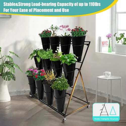 Vista 2 de Soporte de exhibición de flores con cubos y ruedas, estante de flores rodante de 3 niveles de metal para plantas interior y exterior
