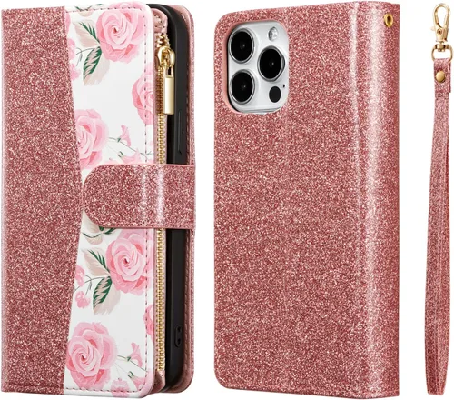 Vista 7 de UEEBAI Funda tipo cartera para iPhone 13 Pro Max, funda de piel sintética con cierre magnético, bolsillo con cremallera, ranuras para tarjetas